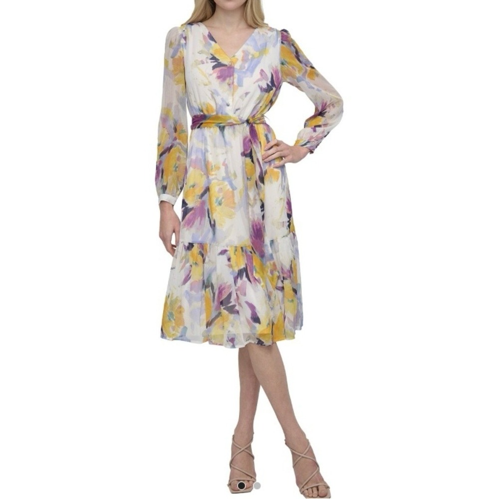 DKNY White Floral Midi Dress with Yellow and Purple Accents